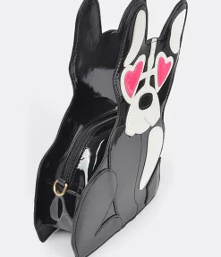 Unique Vintage Novelty Bags>Black Puppy Leatherette Crossbody Bag