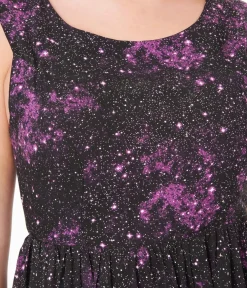 Unique Vintage Fit & Flare|Pocket Dresses>Black & Purple Celestial Swing Dress