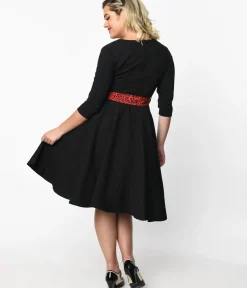 Unique Vintage Swing|Pocket Dresses>Black & Red Leopard Accent Lynette Swing Dress