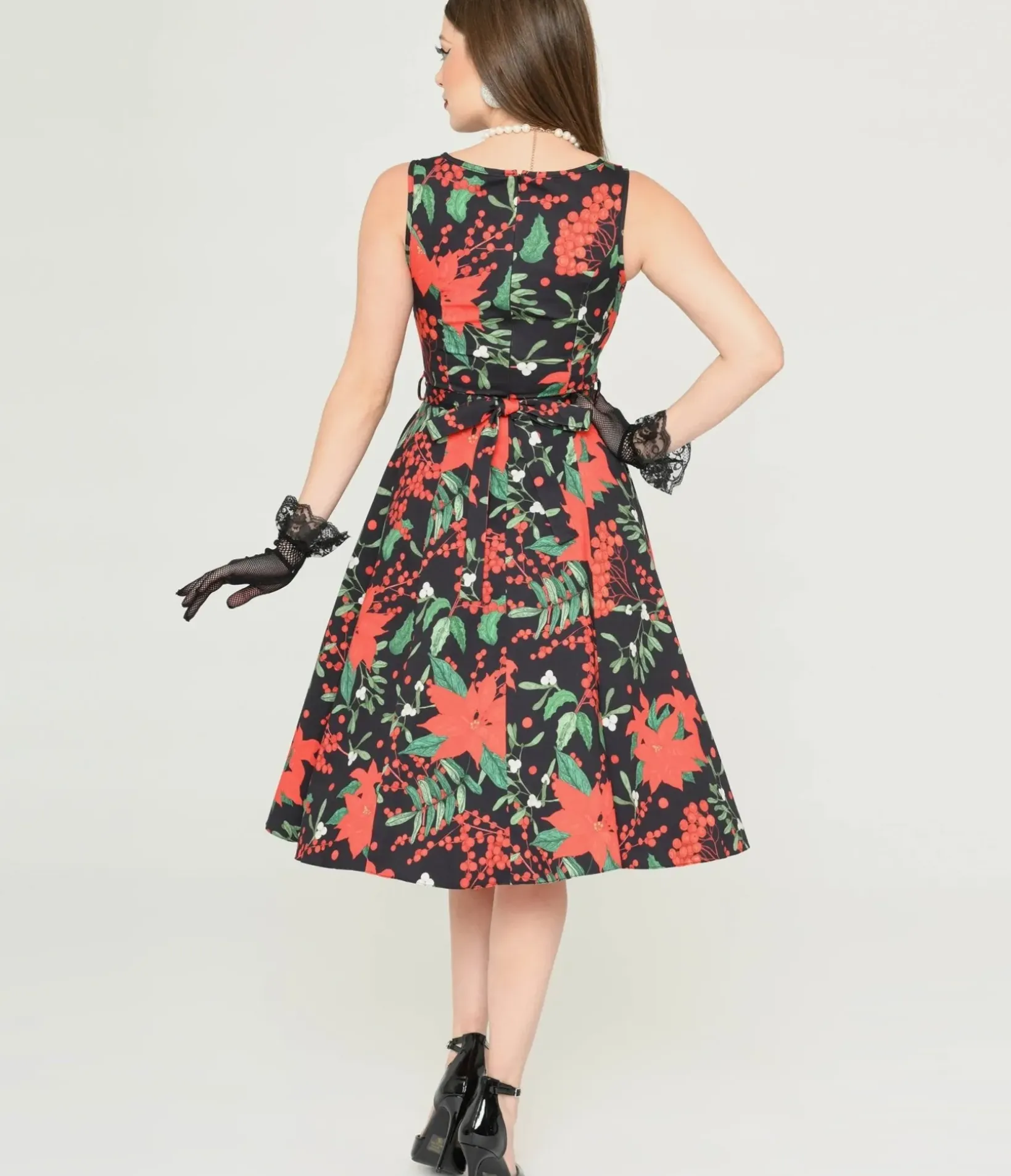 Unique Vintage Swing|Pocket Dresses>Black & Red Poinsettia Swing Dress