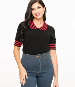 Unique Vintage Sweaters & Cardigans|All Things Red>Black & Red Striped Collar Knit Sweater