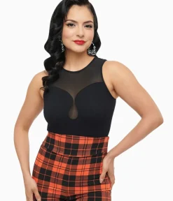 Unique Vintage All Things Black>Black Ribbed Bodysuit With Mesh Neckline