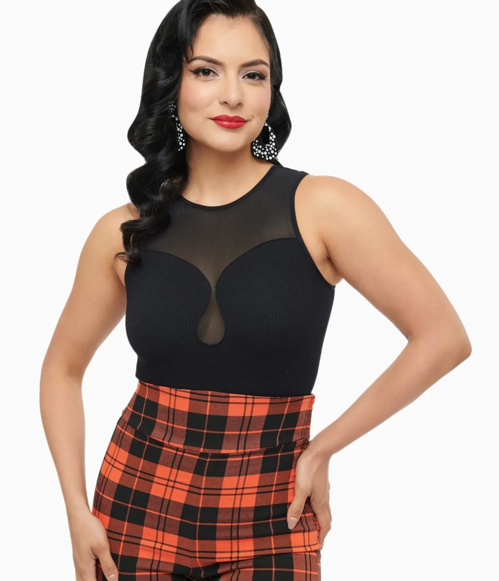 Unique Vintage All Things Black>Black Ribbed Bodysuit With Mesh Neckline