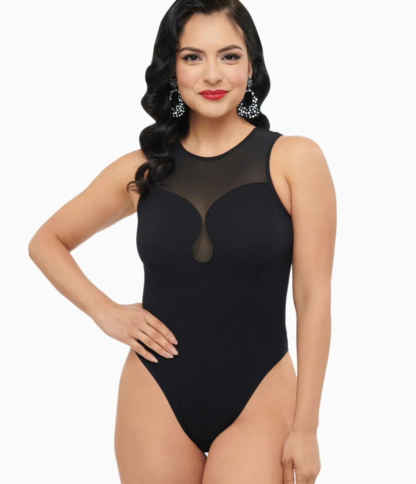 Unique Vintage All Things Black>Black Ribbed Bodysuit With Mesh Neckline