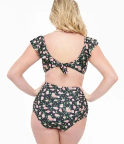 Unique Vintage Two Piece Swim|Two Piece Swim>Black & Rose Print Two Piece Swim Set