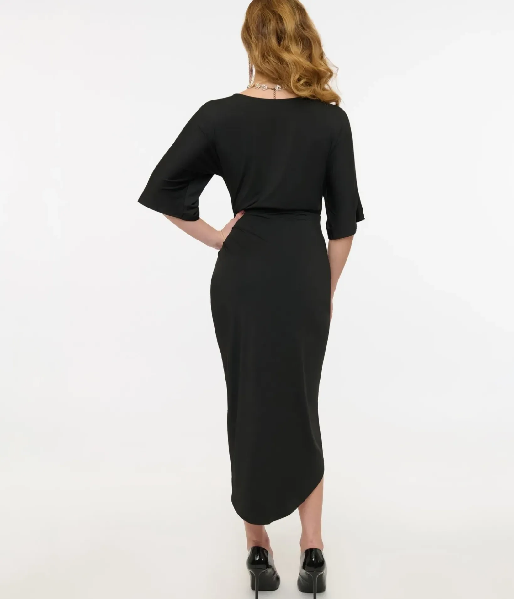 Unique Vintage Pencil|Everyday Dresses>Black Ruched Pencil Dress