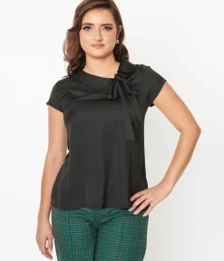 Unique Vintage Blouses|Work Wear>Black Satin Bow Blouse
