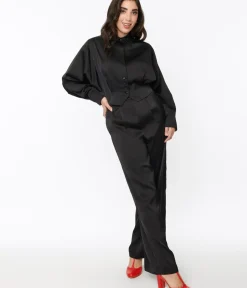 Unique Vintage Pants|Work Wear>Black Satin Eva Suit Set