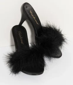 Unique Vintage Special Occasion|Heels>Black Satin & Marabou Feather Peep Toe Amour Heel Slipper