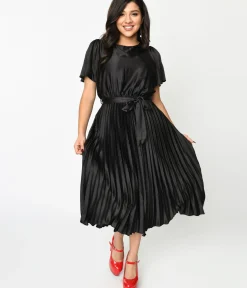 Unique Vintage Midi|Everyday Dresses>Black Satin Pleated Midi Dress