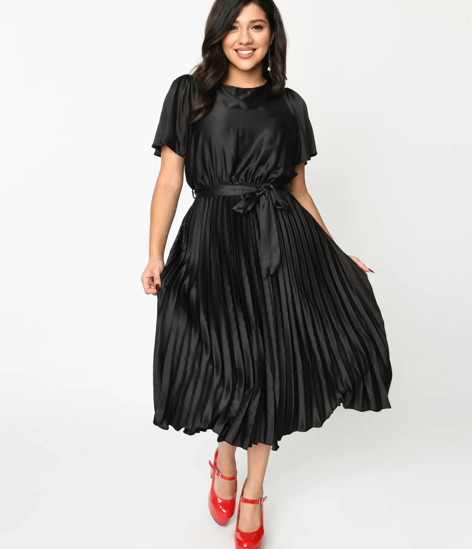 Unique Vintage Midi|Everyday Dresses>Black Satin Pleated Midi Dress