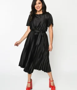 Unique Vintage Midi|Everyday Dresses>Black Satin Pleated Midi Dress