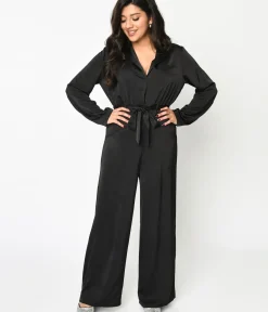 Unique Vintage Rompers & Jumpsuits|Rompers & Jumpsuits>Black Satin Tie Waist Jumpsuit