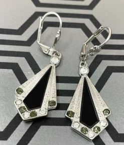 Unique Vintage Special Occasion|Flapper Accessories>Black & Silver Rhinestone Deco Earrings