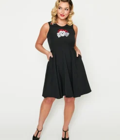 Unique Vintage Fit & Flare|Pocket Dresses>Black Skull & Rose Flare Dress