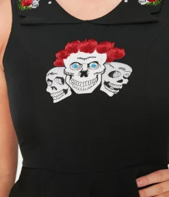 Unique Vintage Fit & Flare|Pocket Dresses>Black Skull & Rose Flare Dress