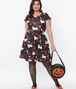 Unique Vintage Fit & Flare|Pocket Dresses>Black & Spooky Ghost Dog Flare Dress