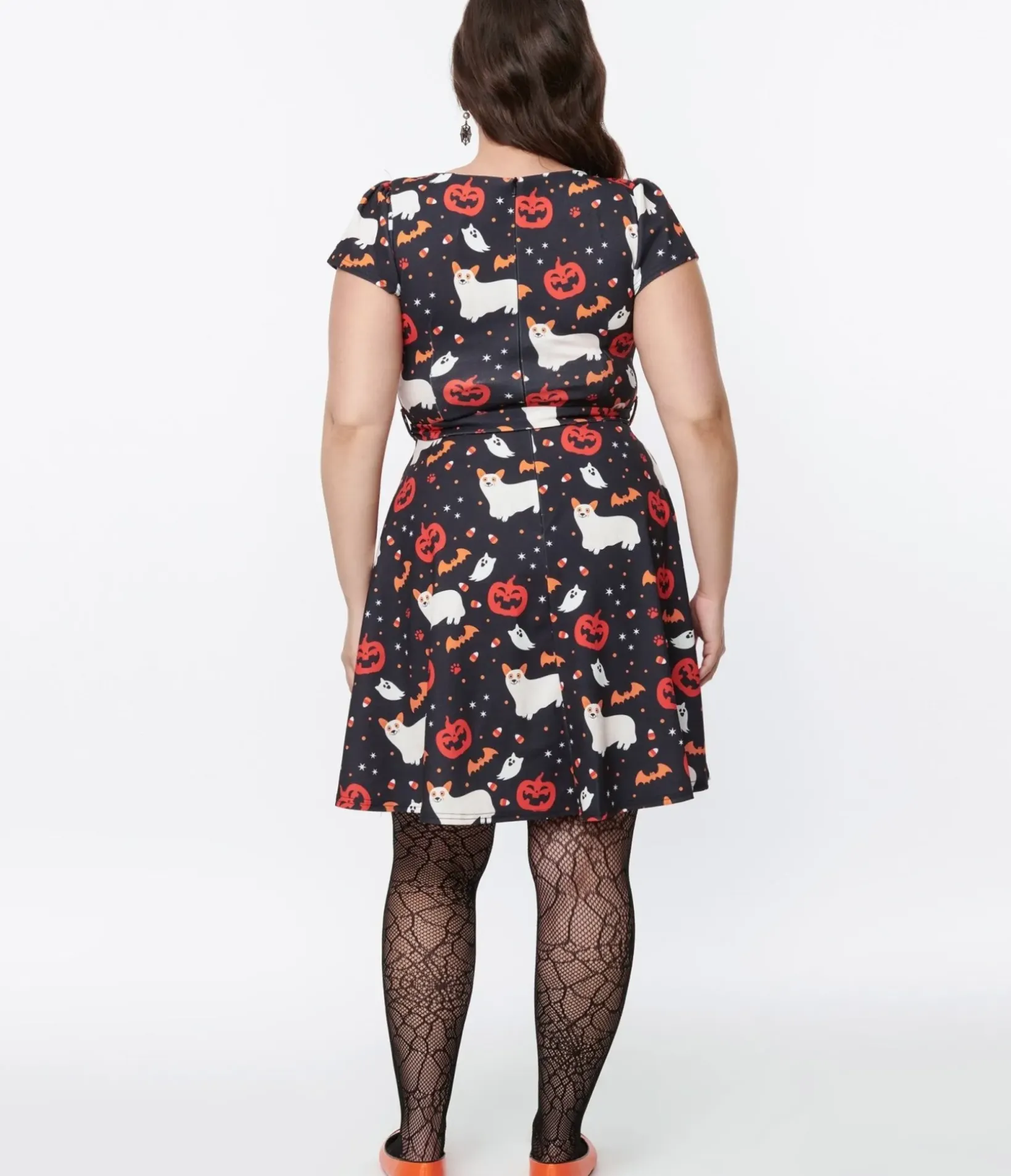 Unique Vintage Fit & Flare|Pocket Dresses>Black & Spooky Ghost Dog Flare Dress