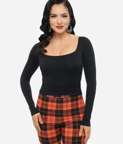 Unique Vintage Blouses>Black Square Neck Long Sleeve Top