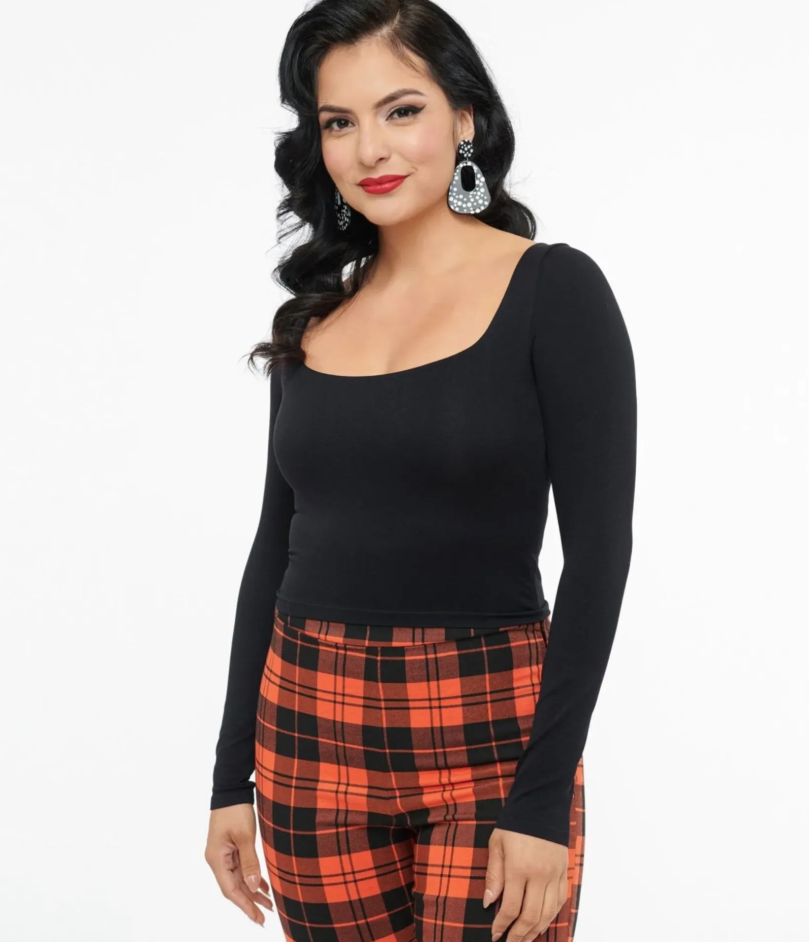 Unique Vintage Blouses>Black Square Neck Long Sleeve Top