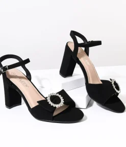 Unique Vintage Special Occasion|Heels>Black Suede & Silver Rhinestone Peep Toe Heels
