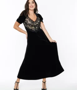 Unique Vintage Maxi|Midi & Maxi>Black Velvet & Cream Lace Maxi Dress