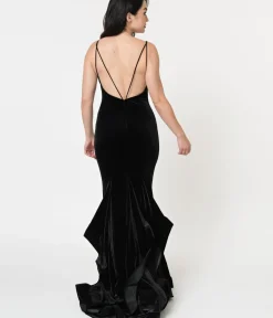 Unique Vintage Everyday Dresses|Special Occasion>Black Velvet Ruffled Mermaid Sexy Long Dress