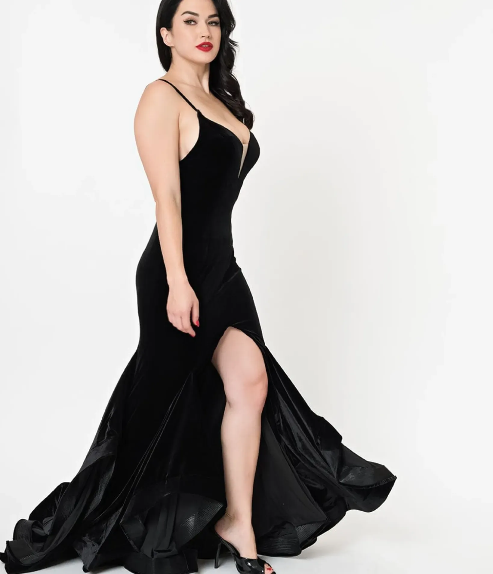 Unique Vintage Everyday Dresses|Special Occasion>Black Velvet Ruffled Mermaid Sexy Long Dress