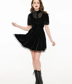 Unique Vintage Fit & Flare|Fit & Flare>Black Velvet Victoria Goth Fit & Flare Dress