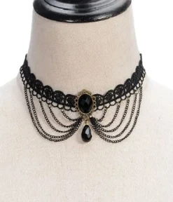 Unique Vintage All Things Black|Necklaces>Black Victorian Lace & Rhinestone Choker