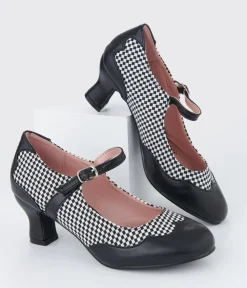 Unique Vintage Work Wear|Heels>Black & White Check Mary Jane Heels