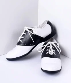 Unique Vintage Flats>Black & White Classic Lace Up Saddle Shoes