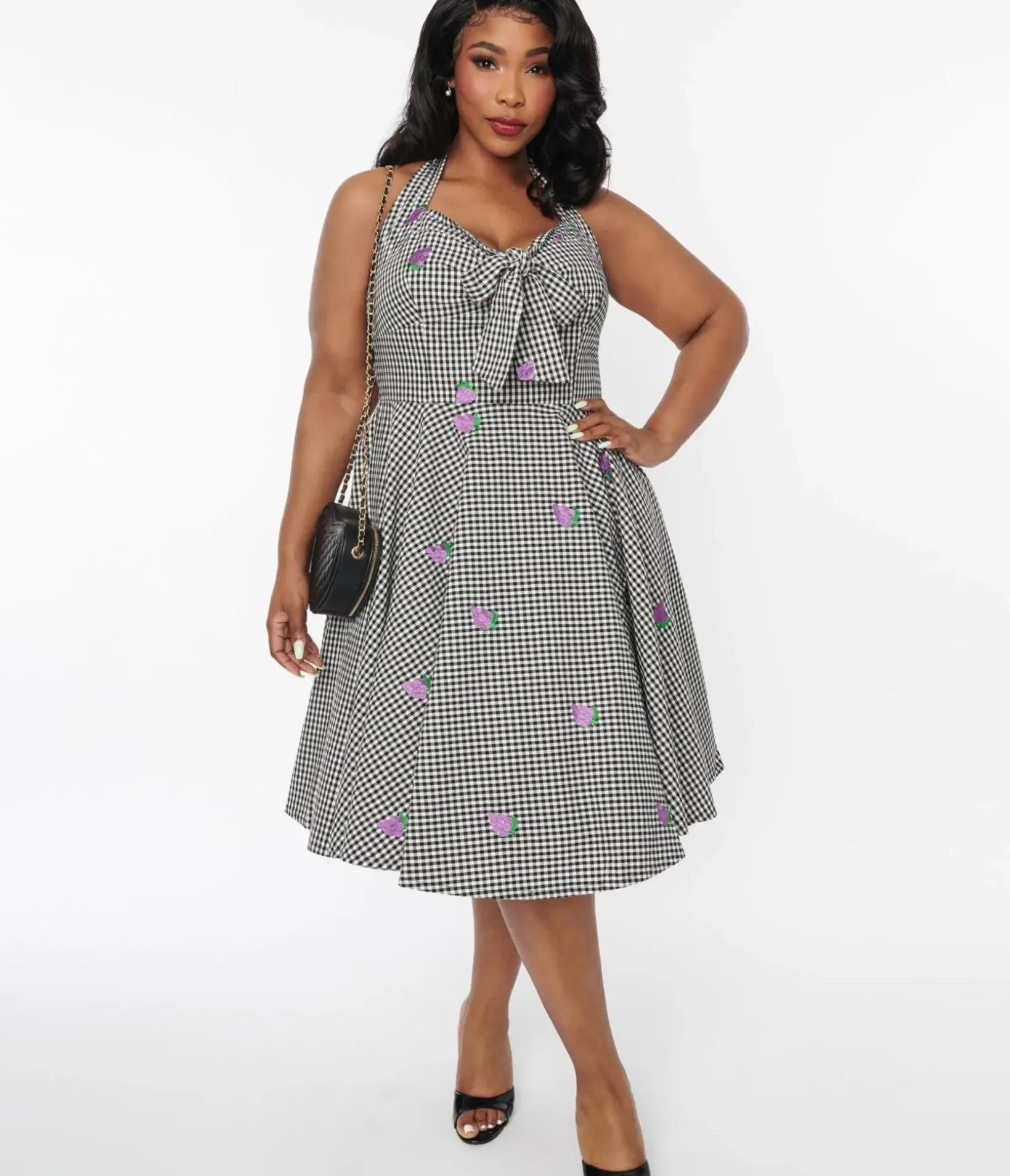 Unique Vintage Swing|Pocket Dresses>Black & White Gingham Grape Embroidered Halter Swing Dress