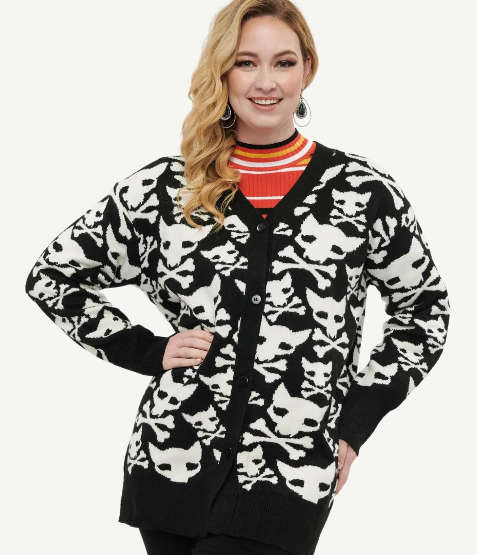 Unique Vintage Sweaters & Cardigans|Halloween>Black & White Hell Kitten Chunky Cardigan