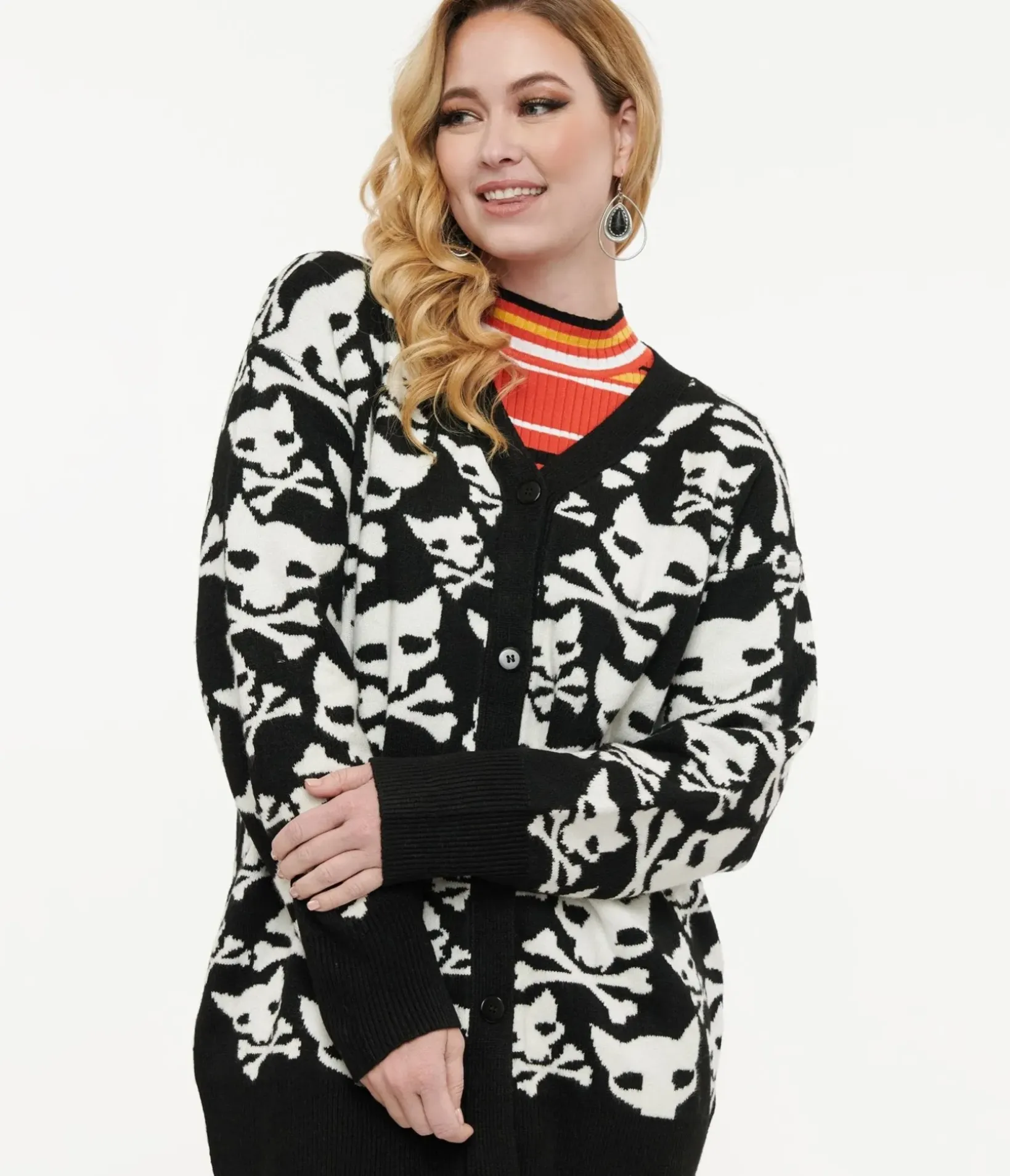Unique Vintage Sweaters & Cardigans|Halloween>Black & White Hell Kitten Chunky Cardigan