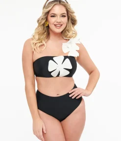 Unique Vintage Two Piece Swim>Black & White One Shoulder Flower Two Piece Swim Set