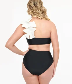 Unique Vintage Two Piece Swim>Black & White One Shoulder Flower Two Piece Swim Set
