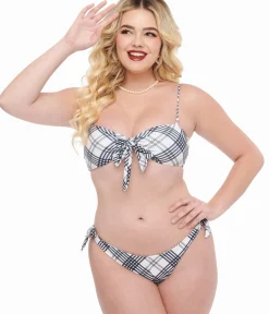 Unique Vintage Two Piece Swim>Black & White Plaid Two Piece Swim Set
