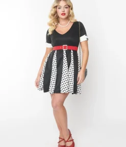 Unique Vintage Everyday Dresses>Black & White Polka Dot Godet Dress