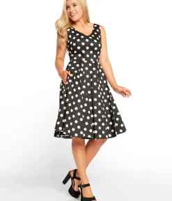 Unique Vintage Swing|Pocket Dresses>Black & White Polka Dot Sleeveless Swing Dress