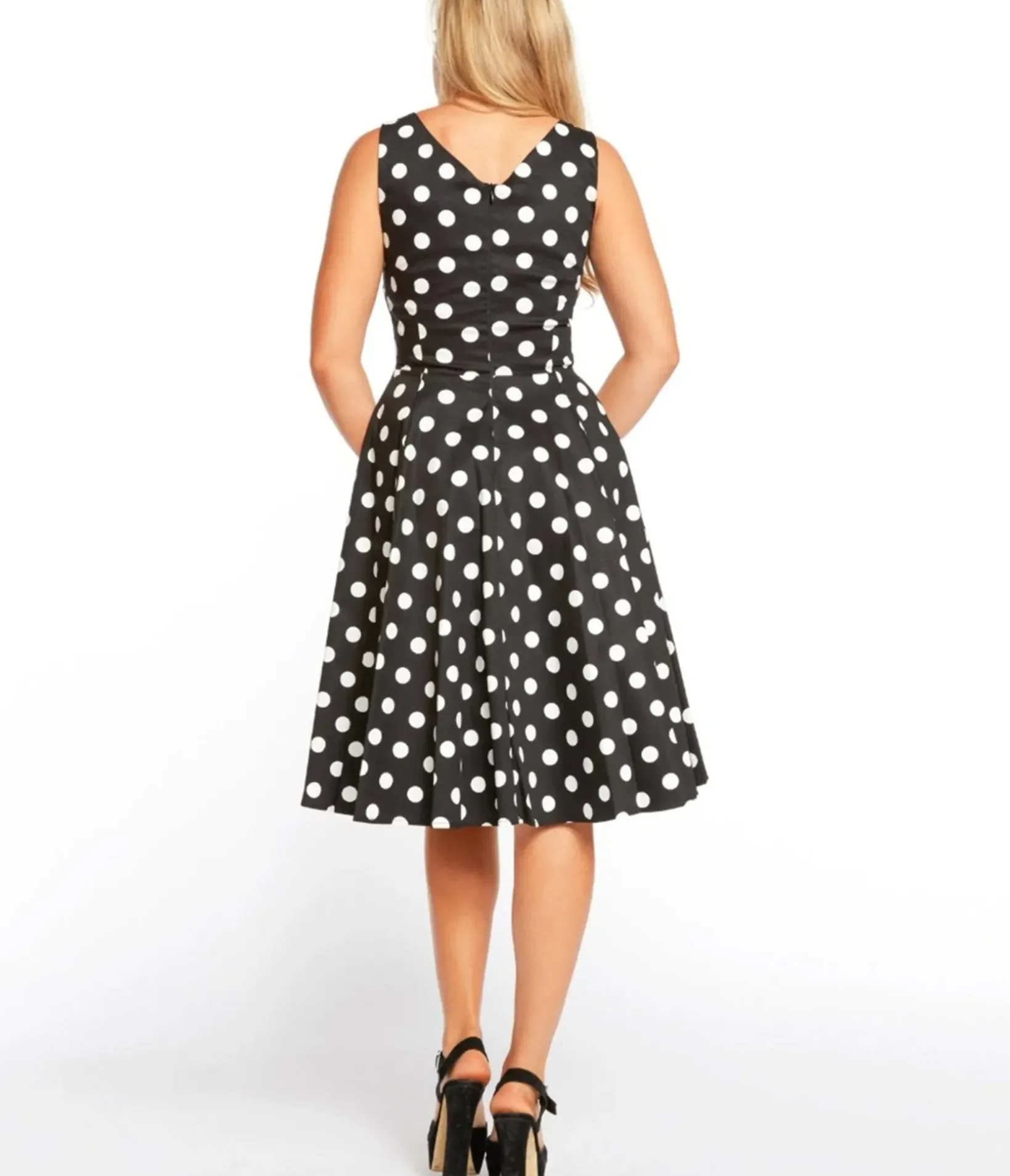 Unique Vintage Swing|Pocket Dresses>Black & White Polka Dot Sleeveless Swing Dress