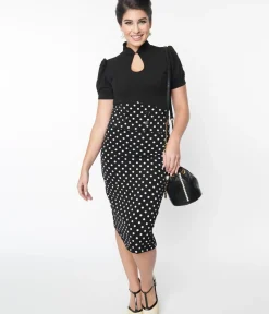 Unique Vintage Skirts|Pencil Skirts & Dresses>Black & White Polka Dot Wiggle Skirt