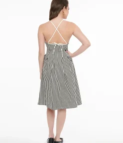 Unique Vintage Midi|Everyday Dresses>Black & White Striped Adeline Cotton Midi Dress