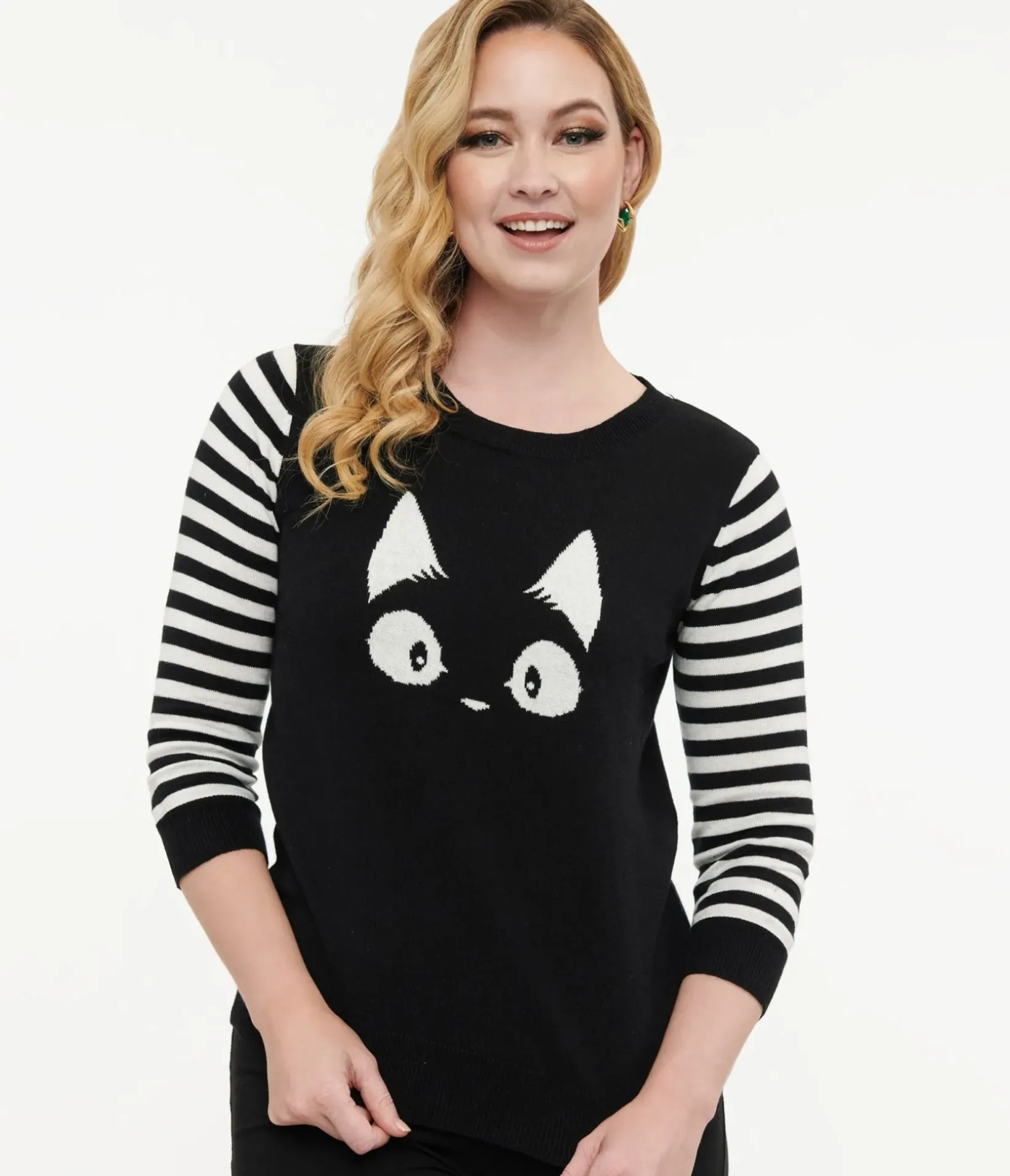 Unique Vintage Sweaters & Cardigans|All Things Black>Black & White Stripe Knit Kitty Sweater