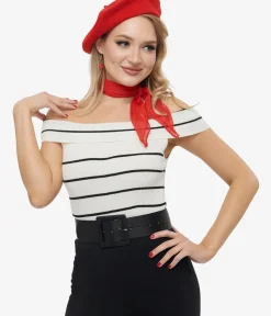 Unique Vintage Disney Bounding>Black & White Stripe Off The Shoulder Knit Top