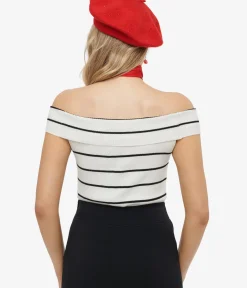 Unique Vintage Disney Bounding>Black & White Stripe Off The Shoulder Knit Top