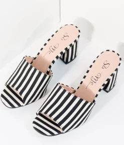 Unique Vintage Heels>Black & White Stripe Woven Peep Toe Mule Heels
