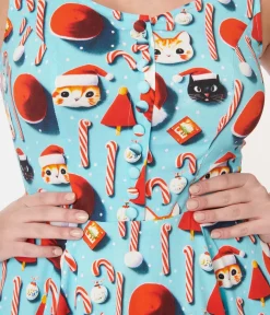 Unique Vintage Swing|Pocket Dresses>Blue Santa Kitty Print Swing Dress