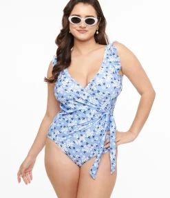 Unique Vintage One Piece Swim>Blue & White Blossom Wrap One Piece Swimsuit