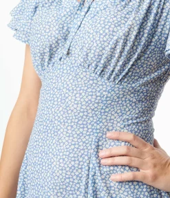 Unique Vintage Swing|Everyday Dresses>Blue & White Floral Print Lydia Swing Dress